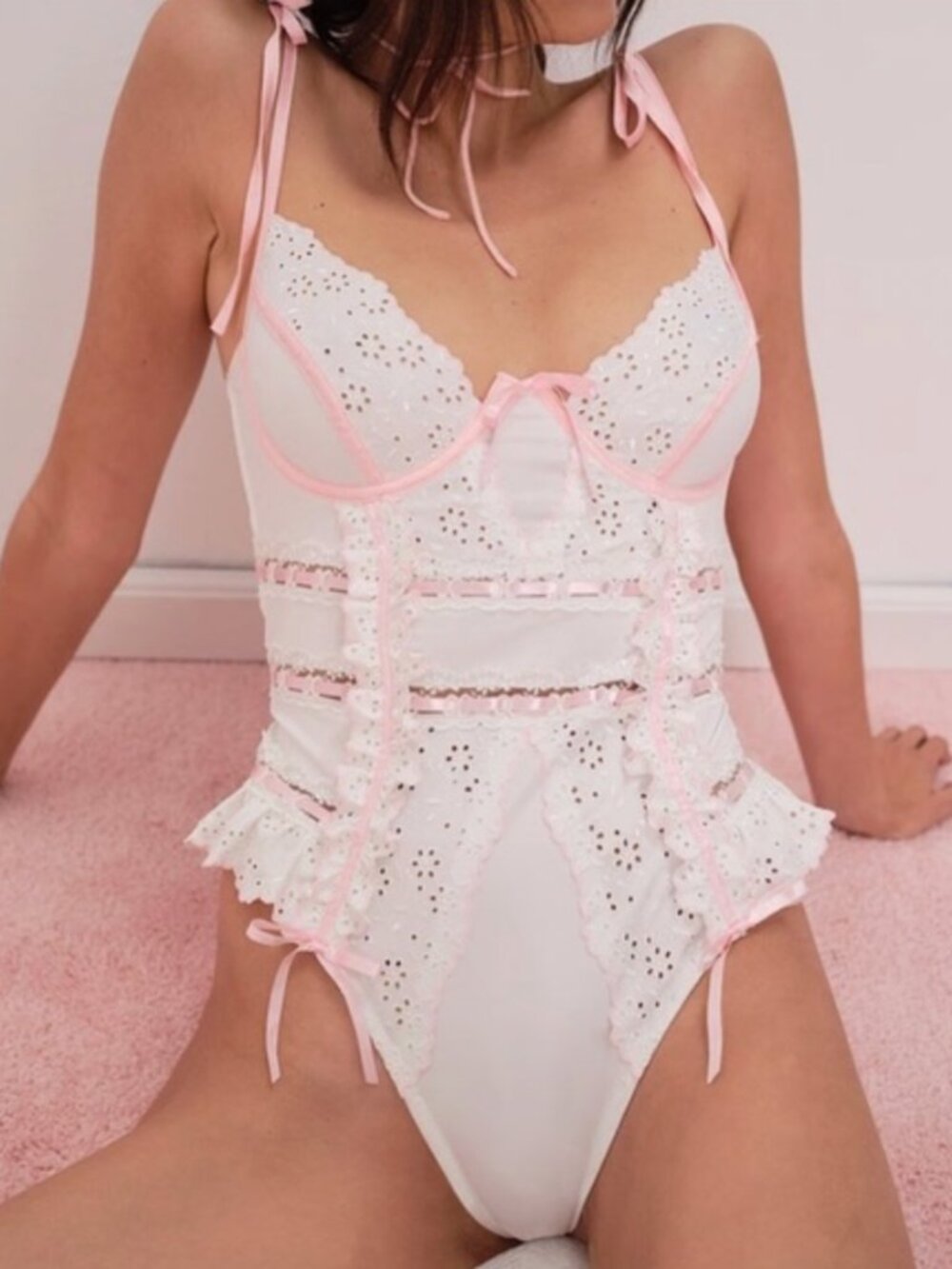 NWT For Love & Lemons Swirl Eyelet Bodysuit White and Pink Size 32DD